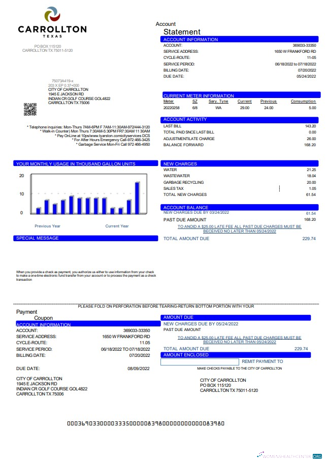 download download USA Texas Carrollton utility bill template in Word and PDF format PDF template PDF template